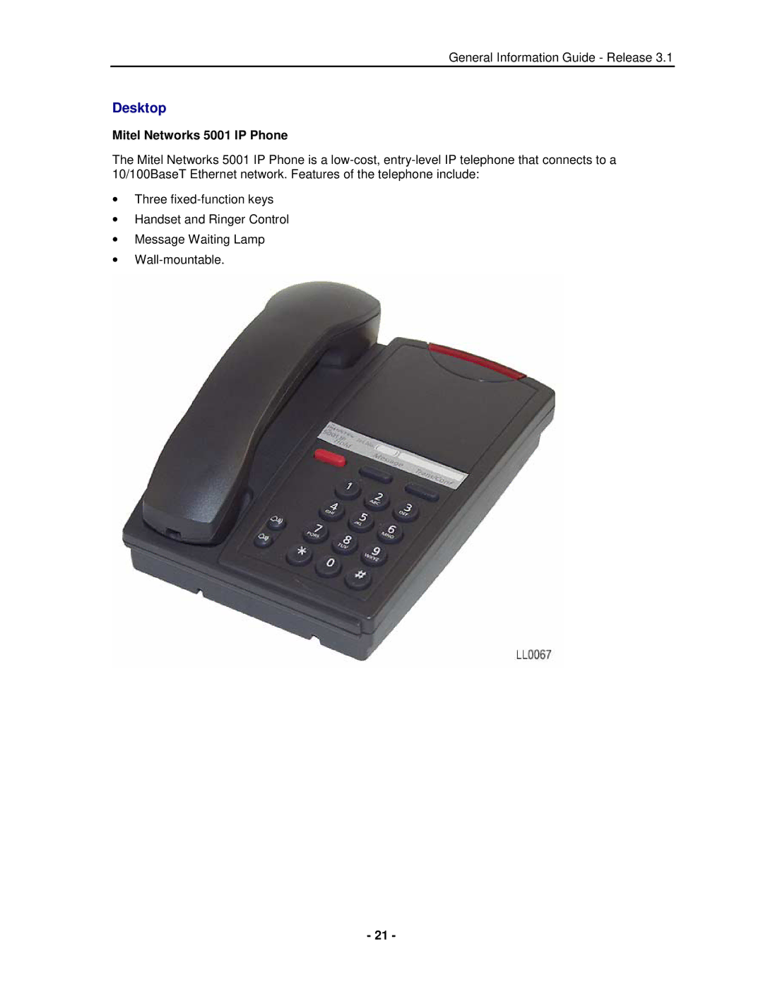 Mitel 3300 manual Desktop, Mitel Networks 5001 IP Phone 