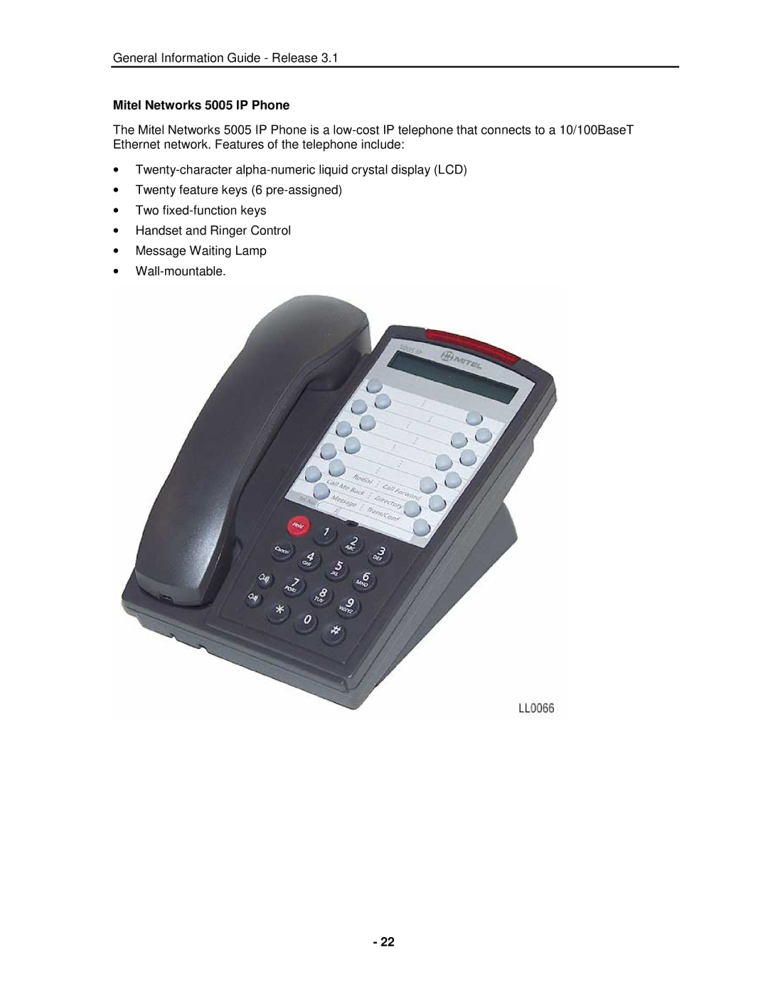 Mitel 3300 manual Mitel Networks 5005 IP Phone 