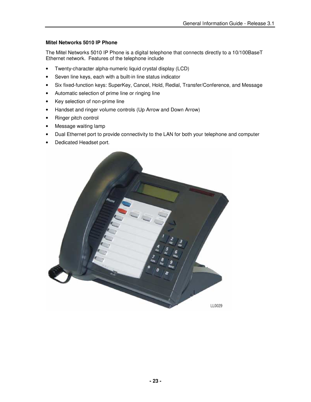 Mitel 3300 manual Mitel Networks 5010 IP Phone 