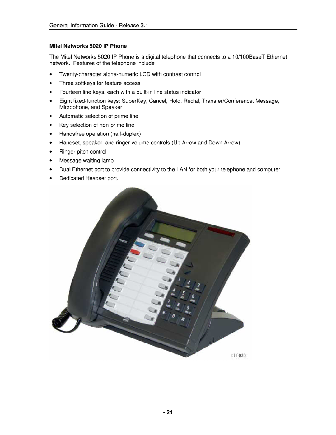 Mitel 3300 manual Mitel Networks 5020 IP Phone 