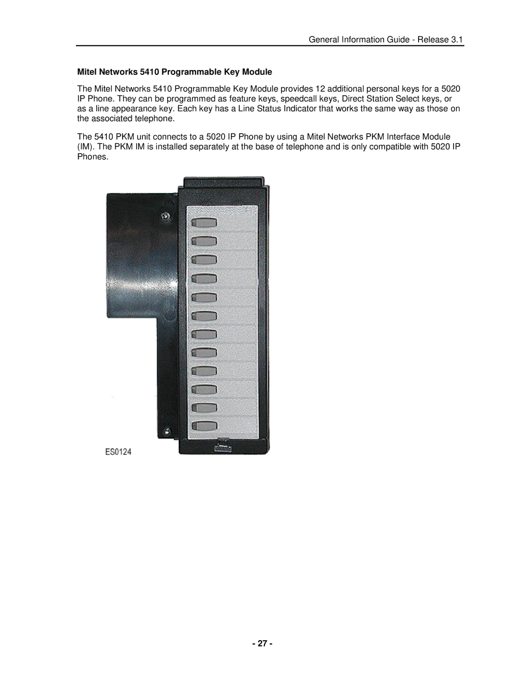 Mitel 3300 manual Mitel Networks 5410 Programmable Key Module 