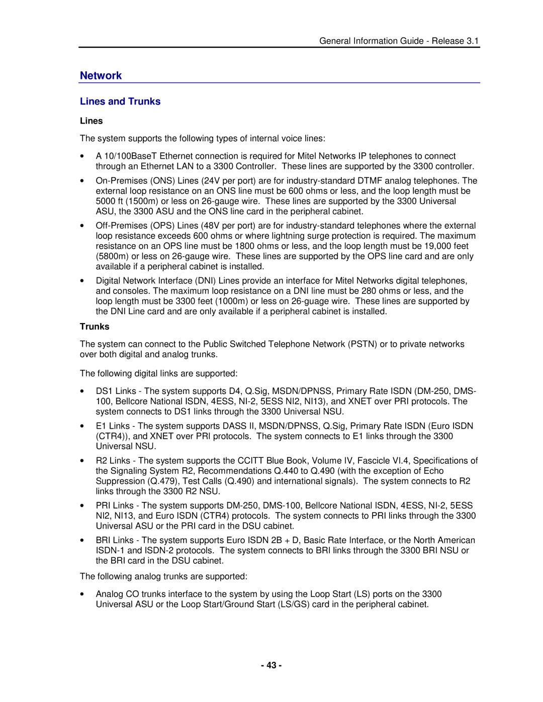 Mitel 3300 manual Network, Lines and Trunks 