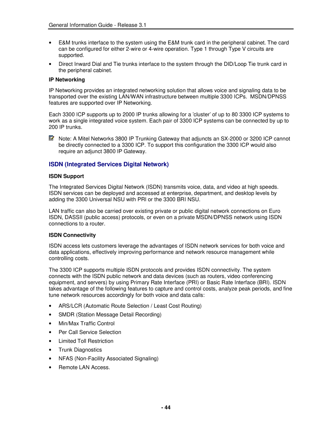 Mitel 3300 manual Isdn Integrated Services Digital Network, IP Networking, Isdn Support, Isdn Connectivity 