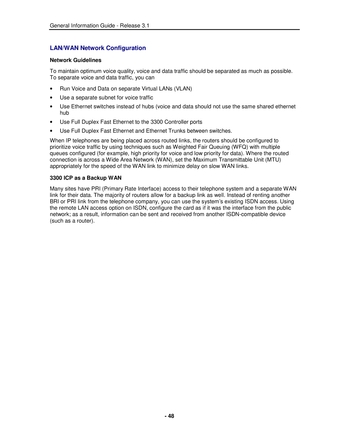 Mitel 3300 manual LAN/WAN Network Configuration, Network Guidelines, ICP as a Backup WAN 