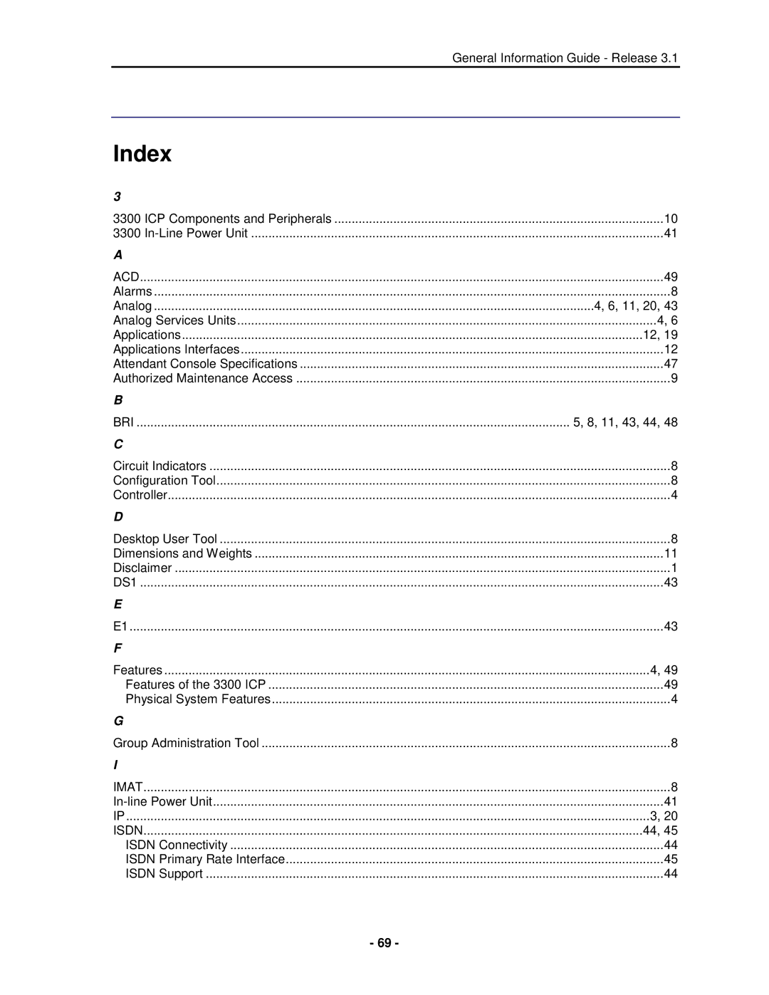 Mitel 3300 manual Index 