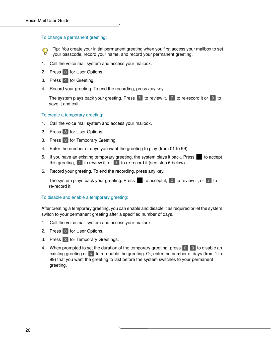 Mitel 3300 To change a permanent greeting, To create a temporary greeting, To disable and enable a temporary greeting 