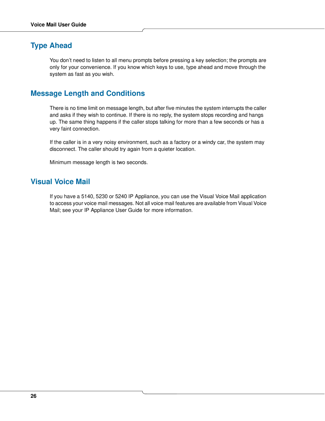 Mitel 3300 manual Type Ahead, Message Length and Conditions, Visual Voice Mail 