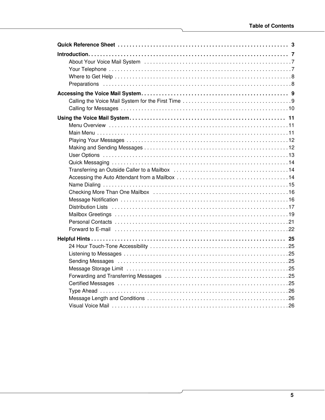 Mitel 3300 manual Table of Contents Quick Reference Sheet 