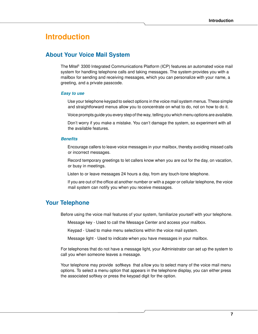 Mitel 3300 manual Introduction, About Your Voice Mail System, Your Telephone, Easy to use, Benefits 