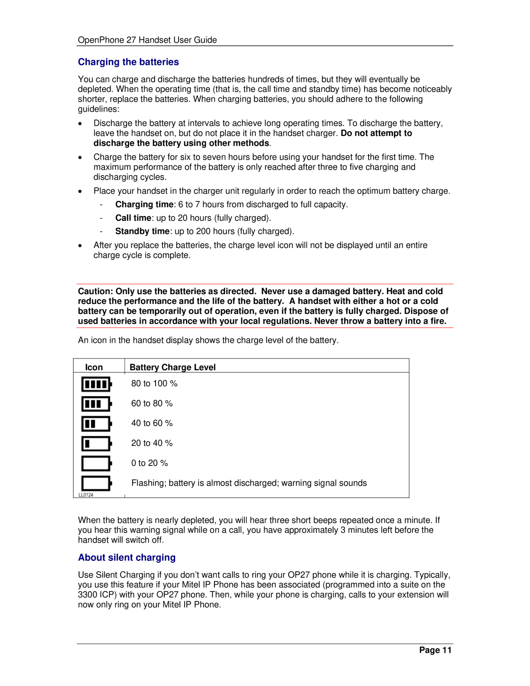 Mitel 3300 manual Charging the batteries, About silent charging, Icon Battery Charge Level 