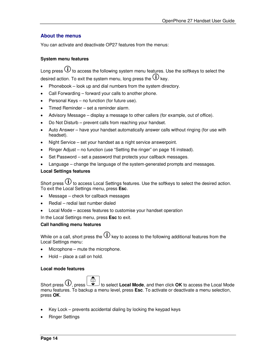 Mitel 3300 manual About the menus, System menu features, Local Settings features, Call handling menu features 