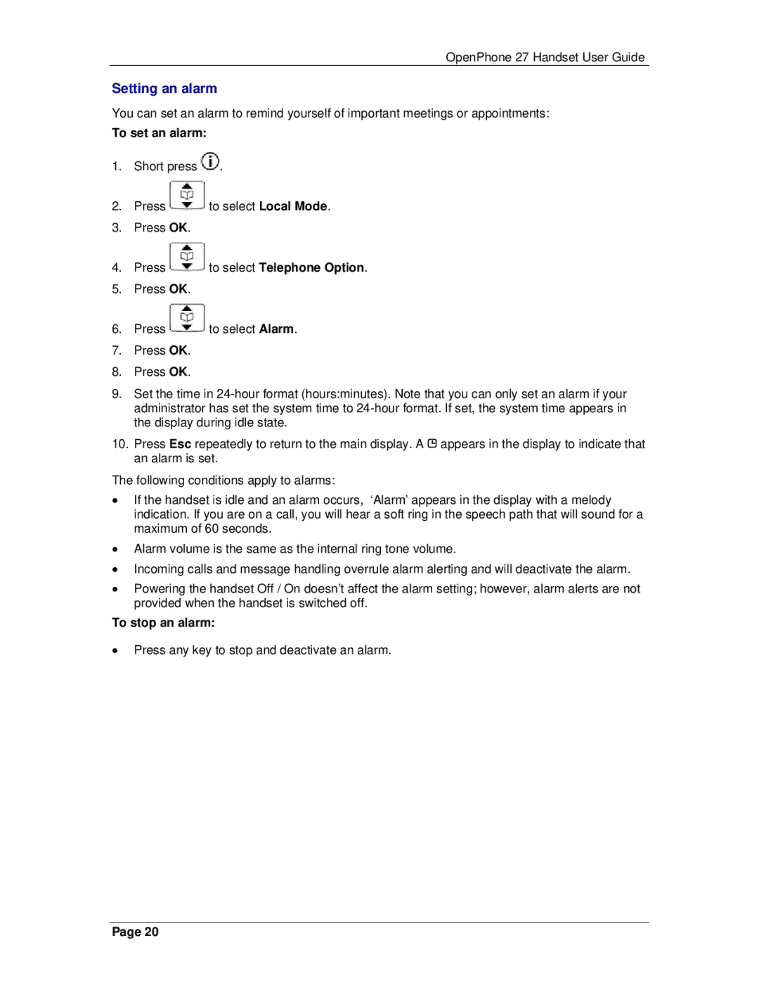 Mitel 3300 manual Setting an alarm, To set an alarm, To stop an alarm 