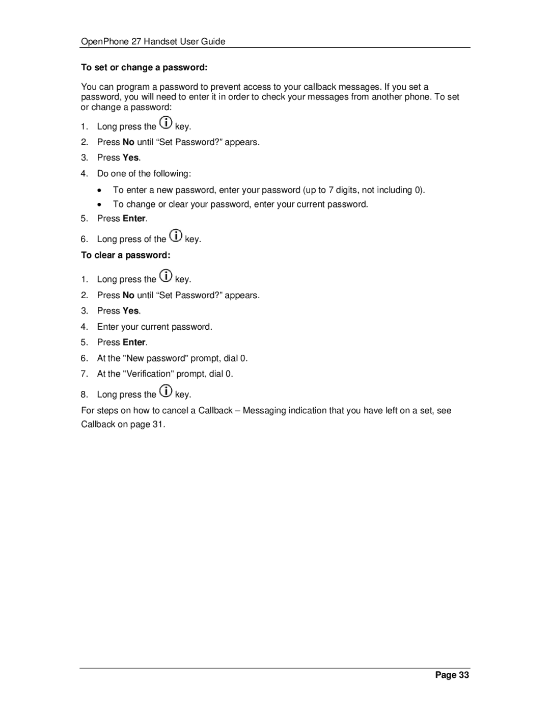 Mitel 3300 manual To set or change a password, To clear a password 