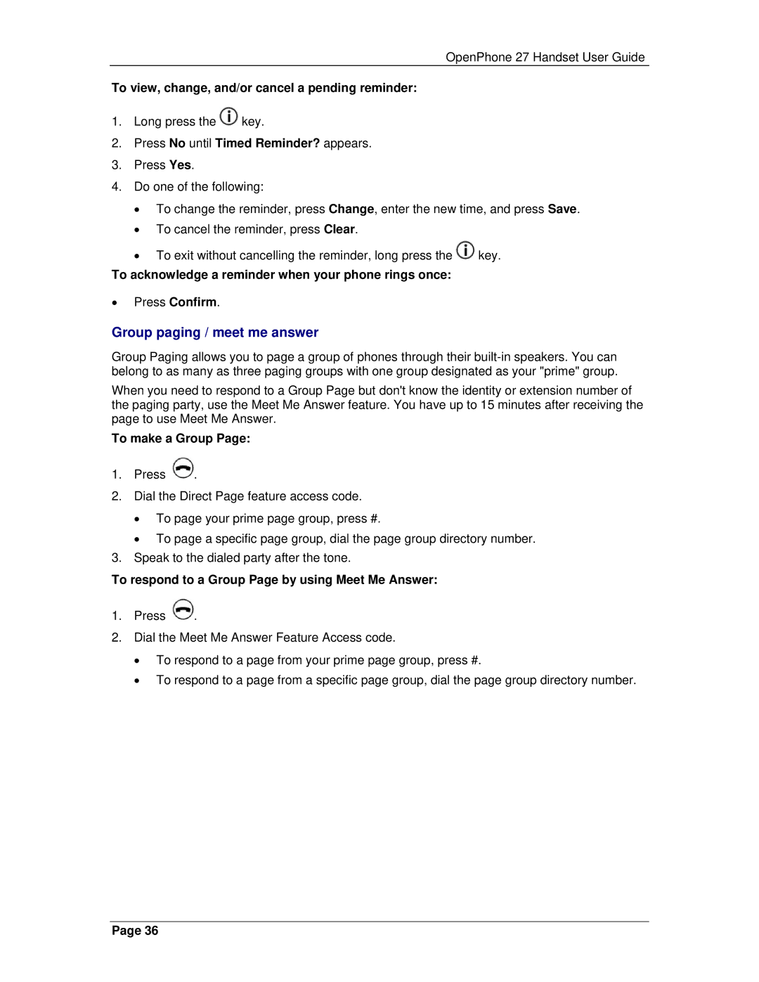Mitel 3300 manual Group paging / meet me answer, To view, change, and/or cancel a pending reminder, To make a Group 