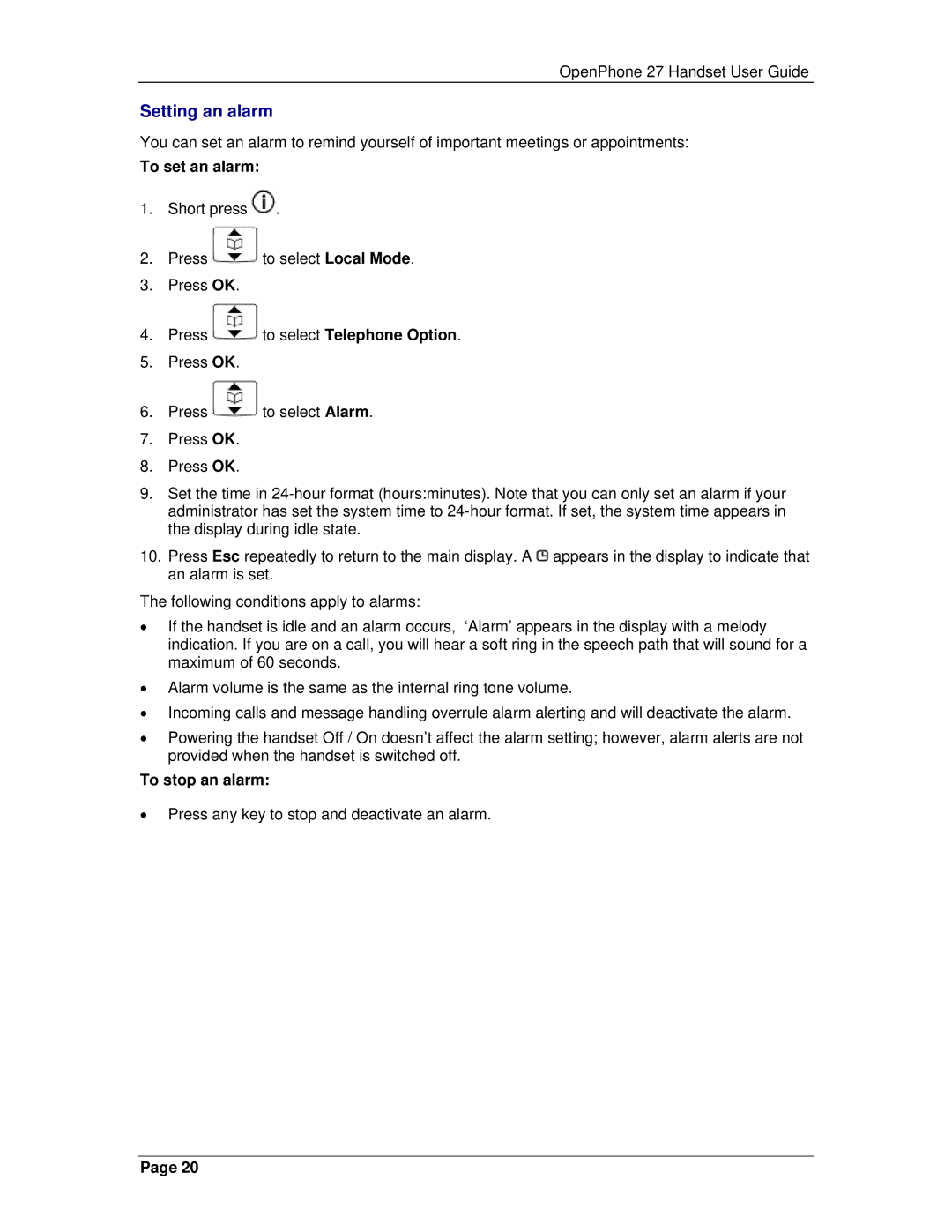 Mitel 3300 manual Setting an alarm, To set an alarm, To stop an alarm 