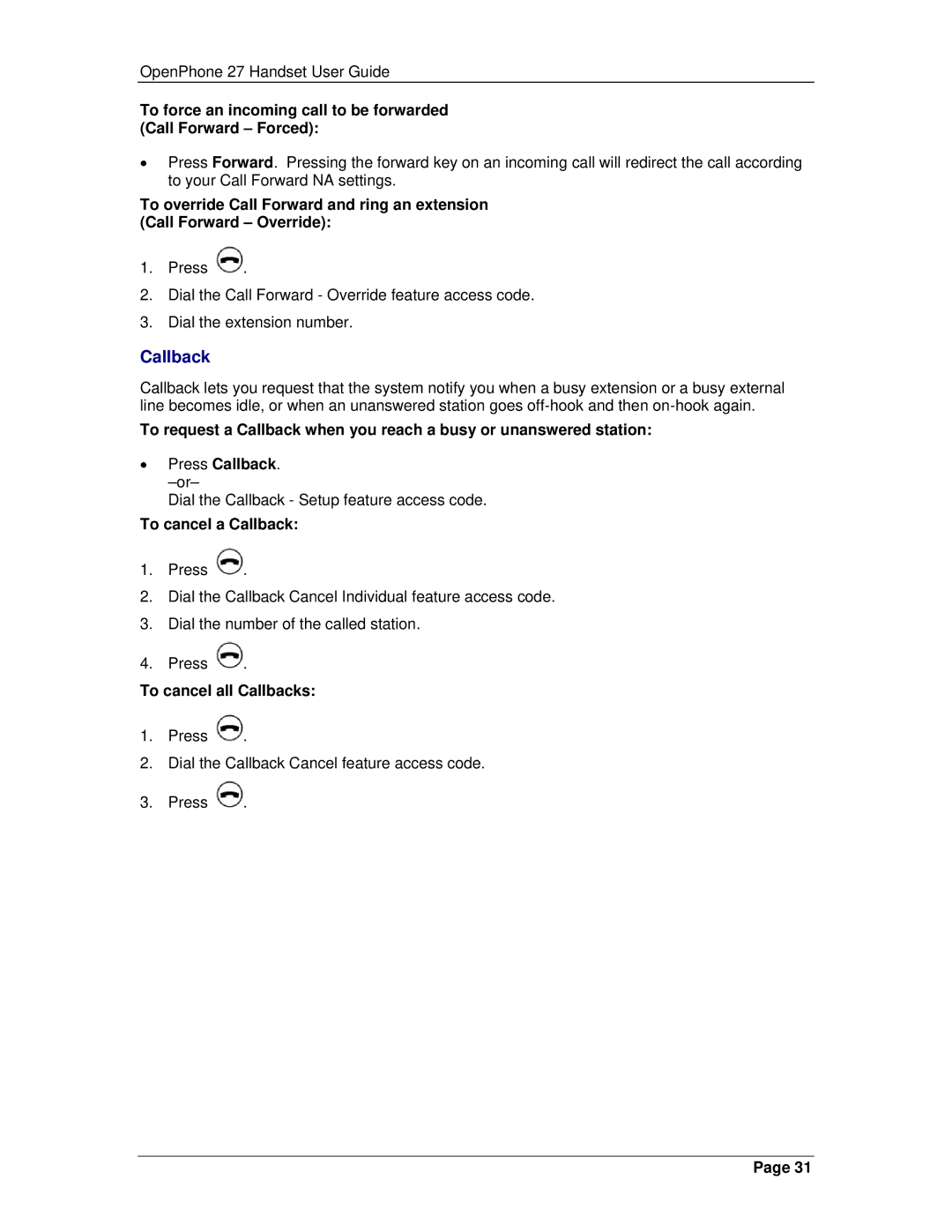 Mitel 3300 manual To cancel a Callback, To cancel all Callbacks 