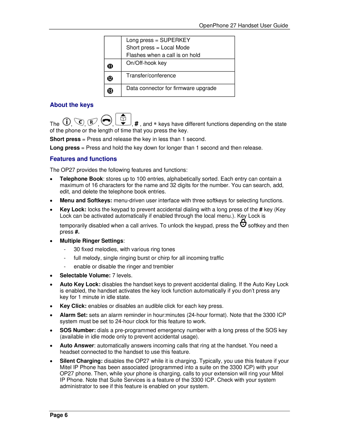 Mitel 3300 manual About the keys, Features and functions, Multiple Ringer Settings, Selectable Volume 7 levels 