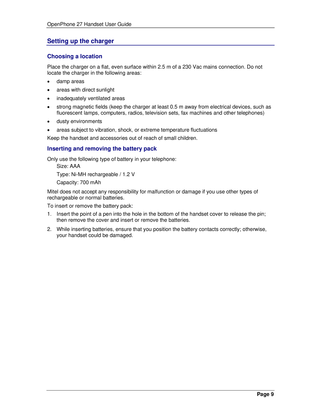 Mitel 3300 manual Setting up the charger, Choosing a location, Inserting and removing the battery pack 