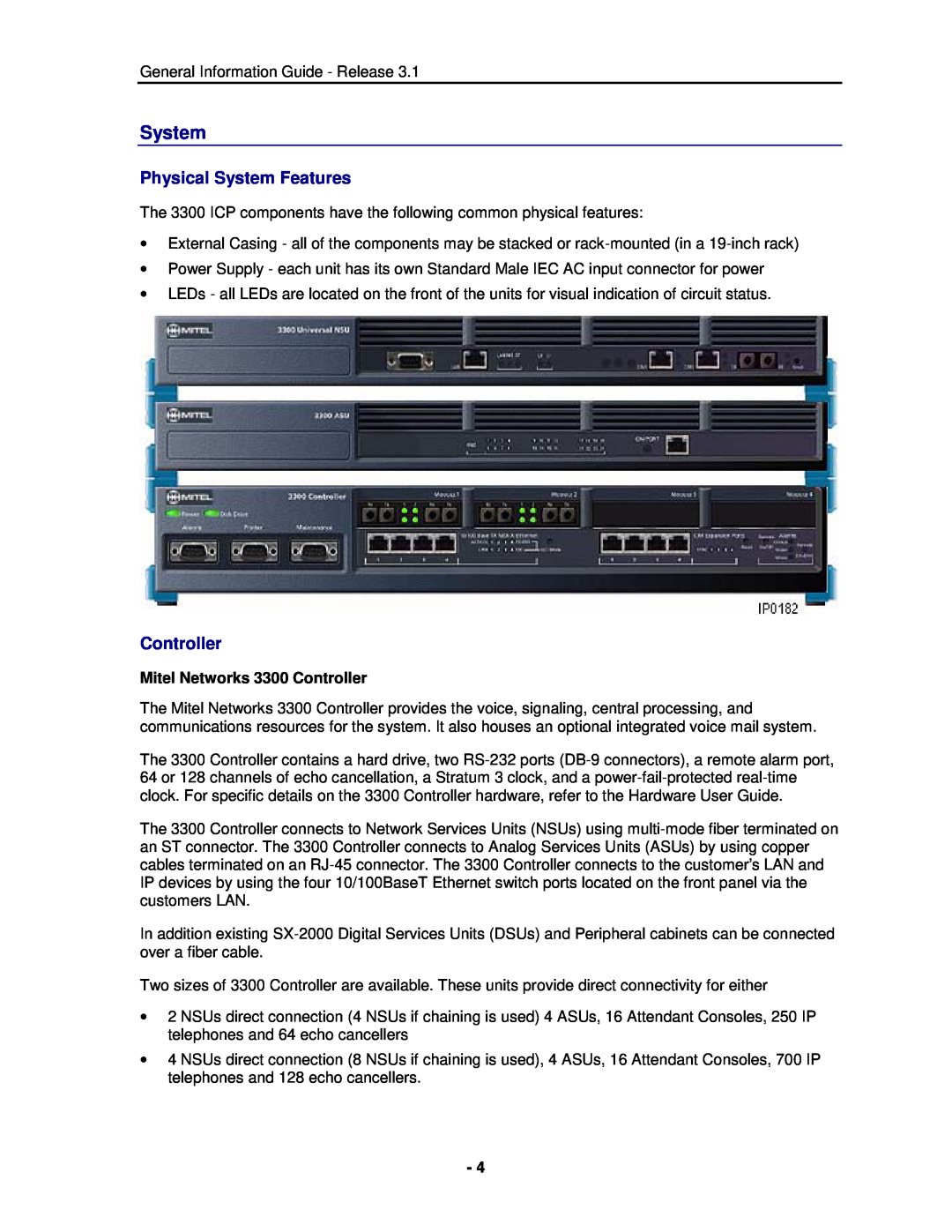 Mitel manual Physical System Features, Mitel Networks 3300 Controller 