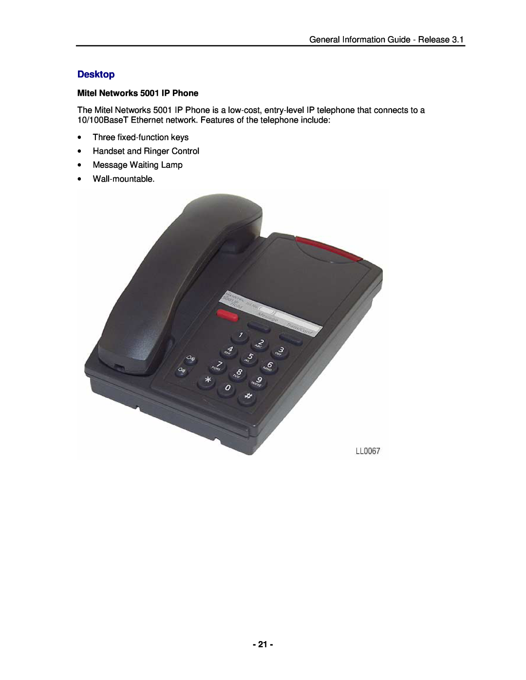 Mitel 3300 manual Desktop, Mitel Networks 5001 IP Phone 