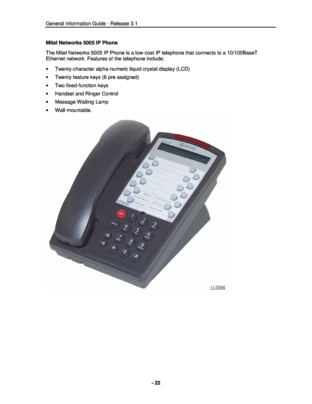 Mitel 3300 manual General Information Guide - Release, Mitel Networks 5005 IP Phone, Twenty feature keys 6 pre-assigned 