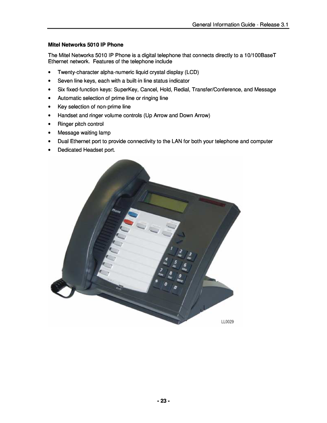 Mitel 3300 manual Mitel Networks 5010 IP Phone 
