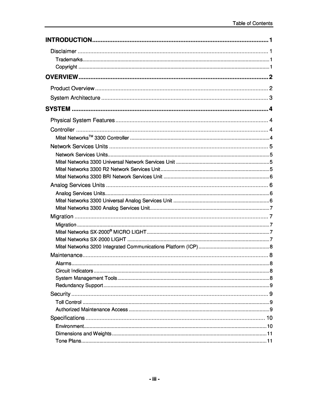 Mitel 3300 manual Table of Contents 