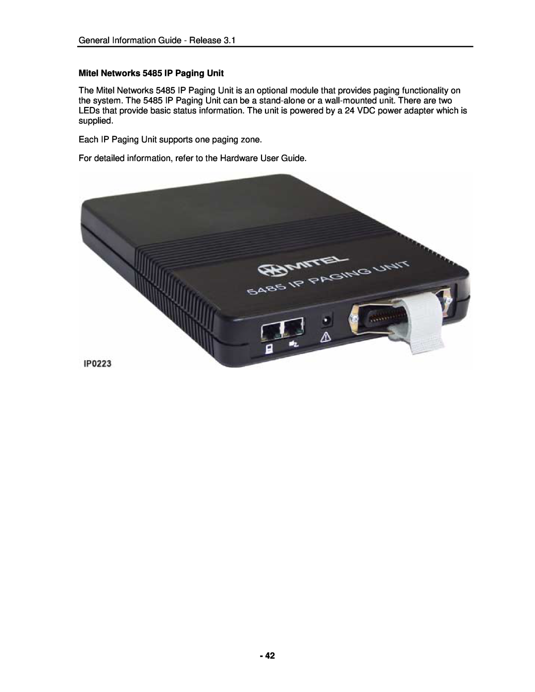 Mitel 3300 manual Mitel Networks 5485 IP Paging Unit 