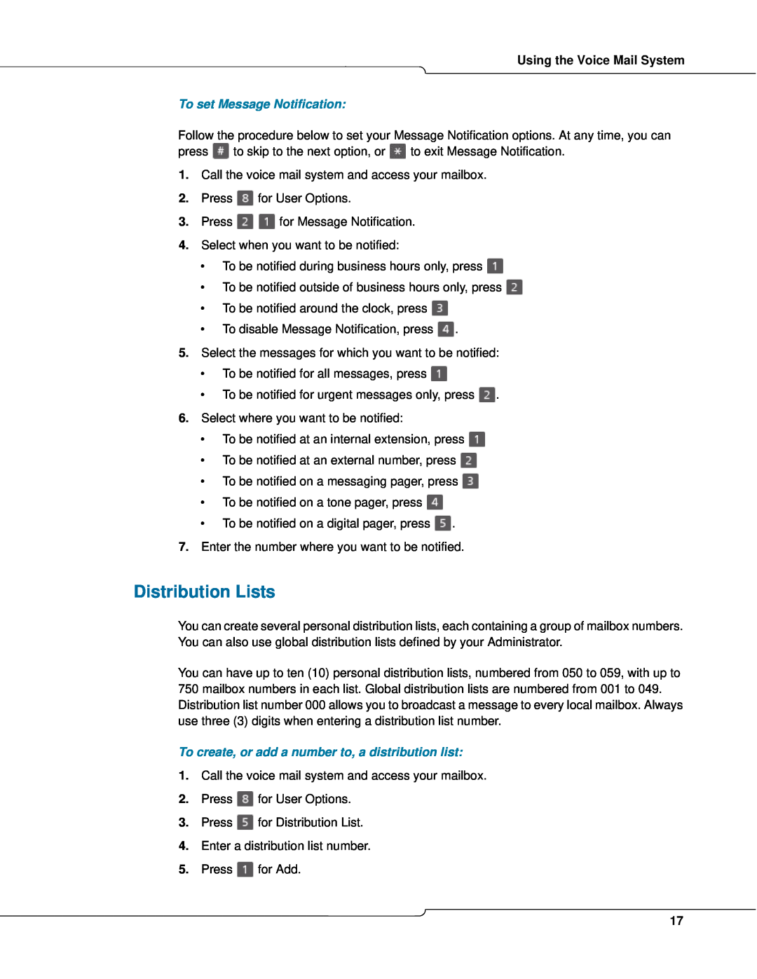Mitel 3300 manual Distribution Lists, Using the Voice Mail System 