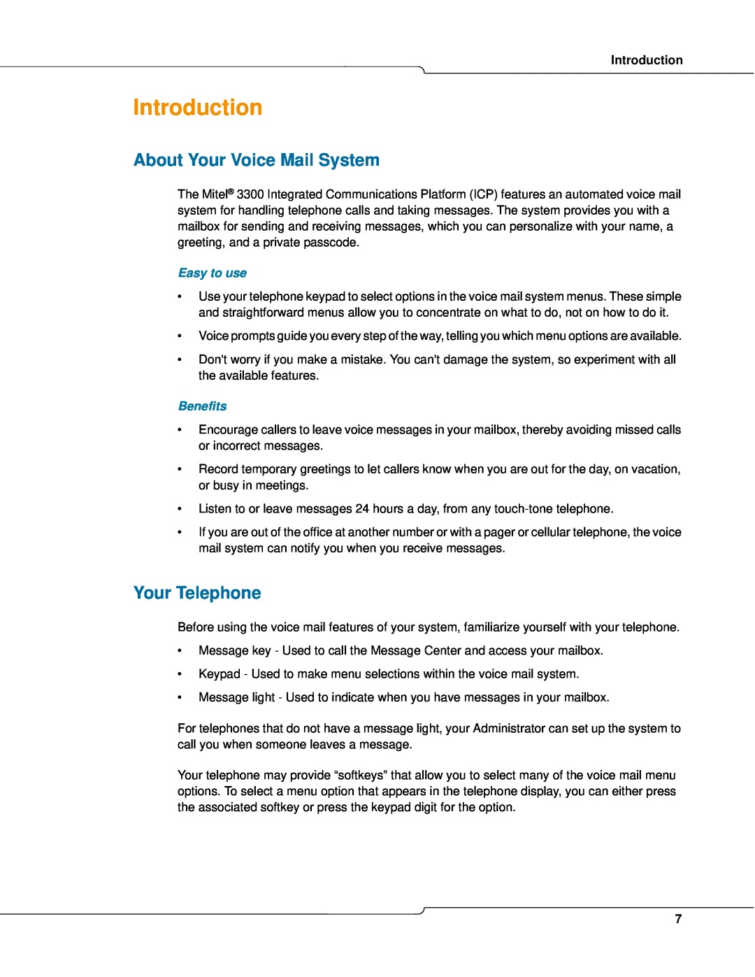Mitel 3300 manual Introduction, About Your Voice Mail System, Your Telephone 