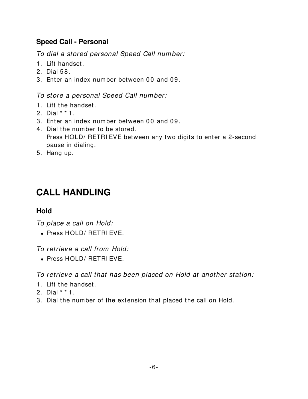 Mitel 4001 manual Call Handling, Speed Call Personal, Hold 