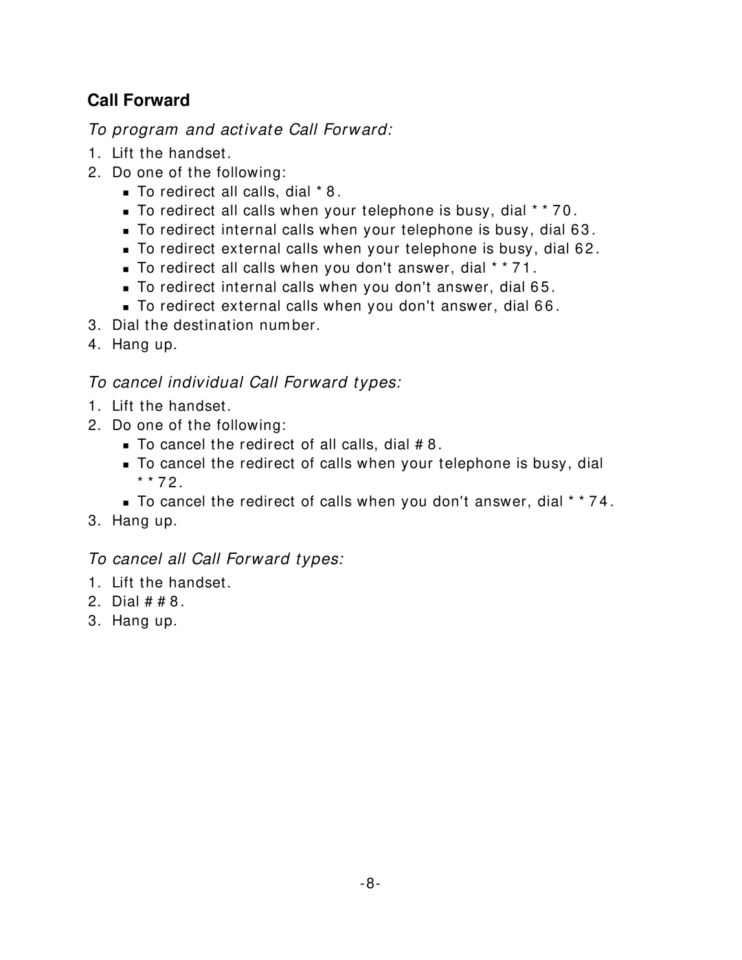 Mitel 4001 manual To program and activate Call Forward, To cancel individual Call Forward types 