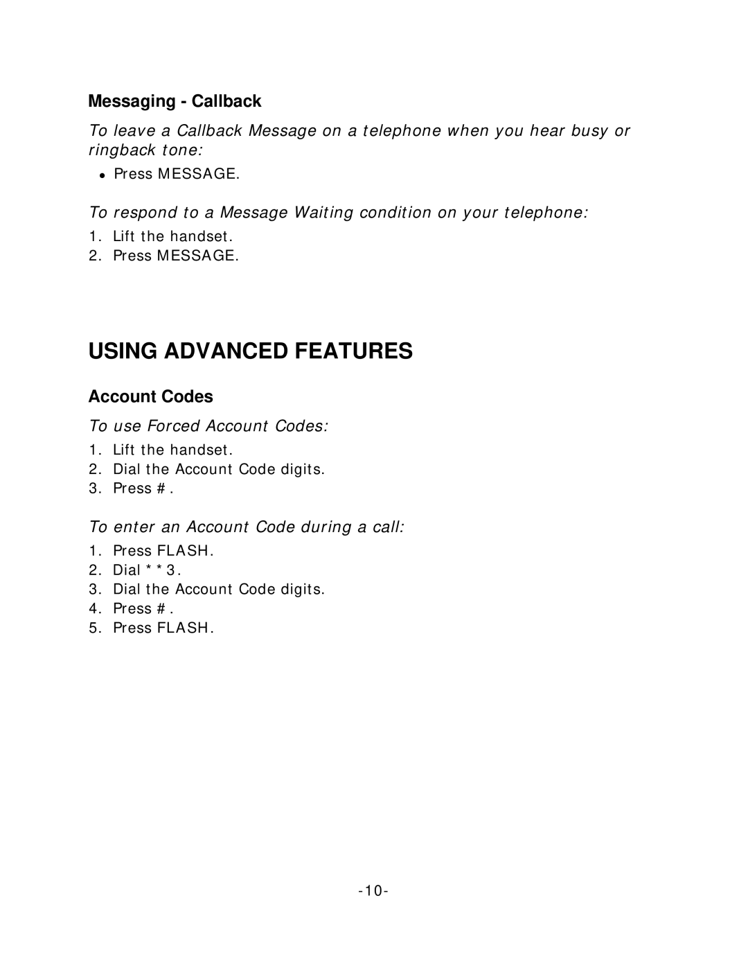 Mitel 4001 manual Using Advanced Features, Messaging Callback, Account Codes 