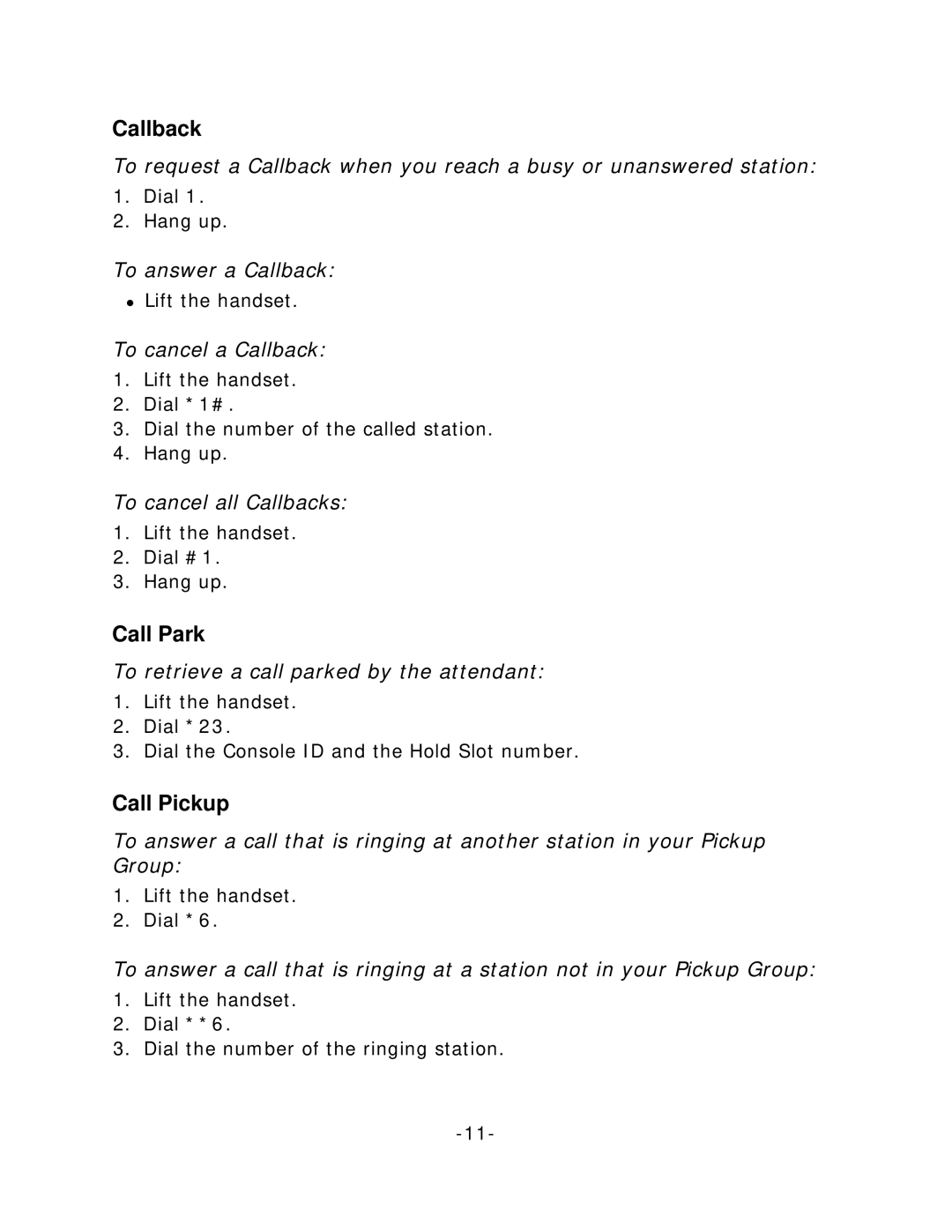 Mitel 4001 manual Callback, Call Park, Call Pickup 