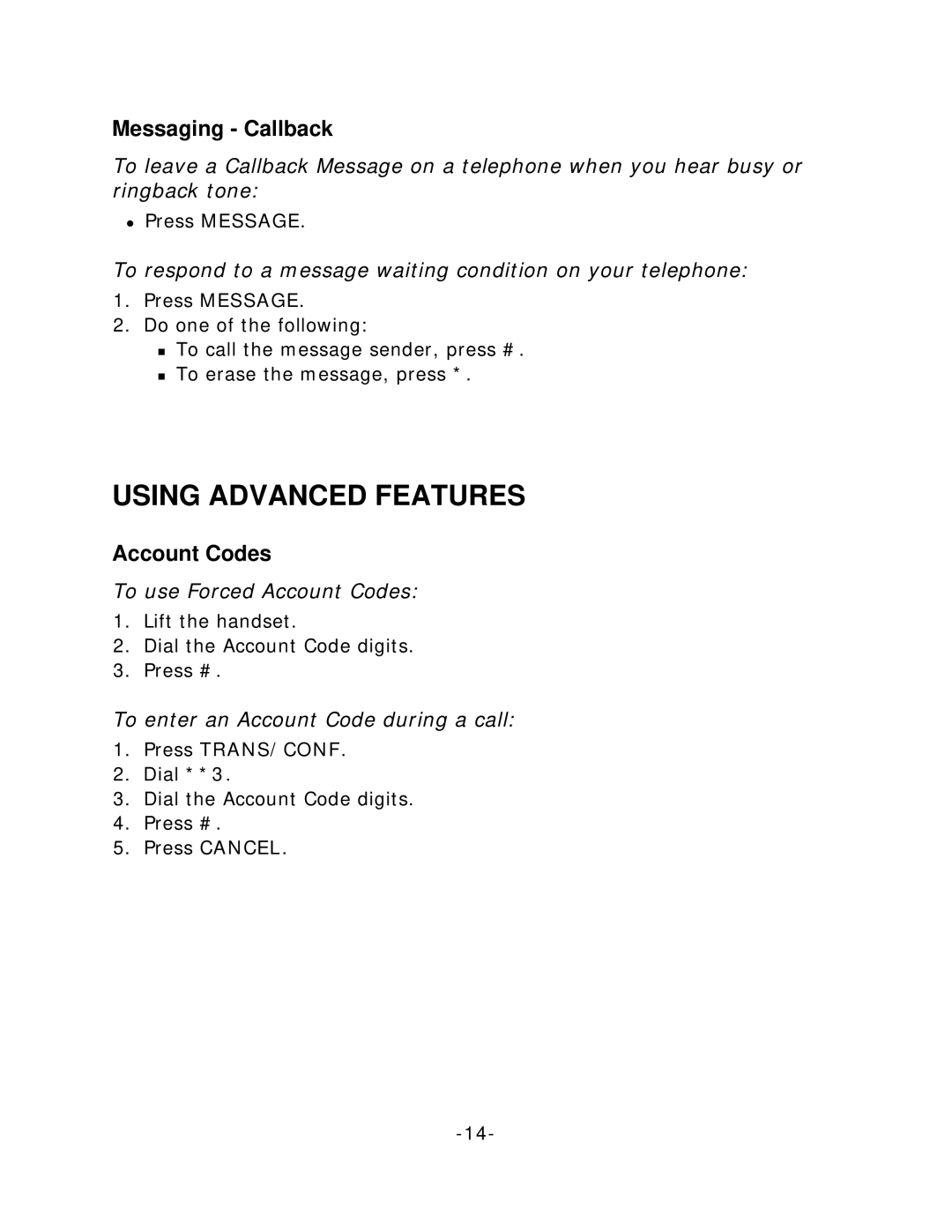 Mitel 4015 manual Using Advanced Features, Messaging Callback, Account Codes 