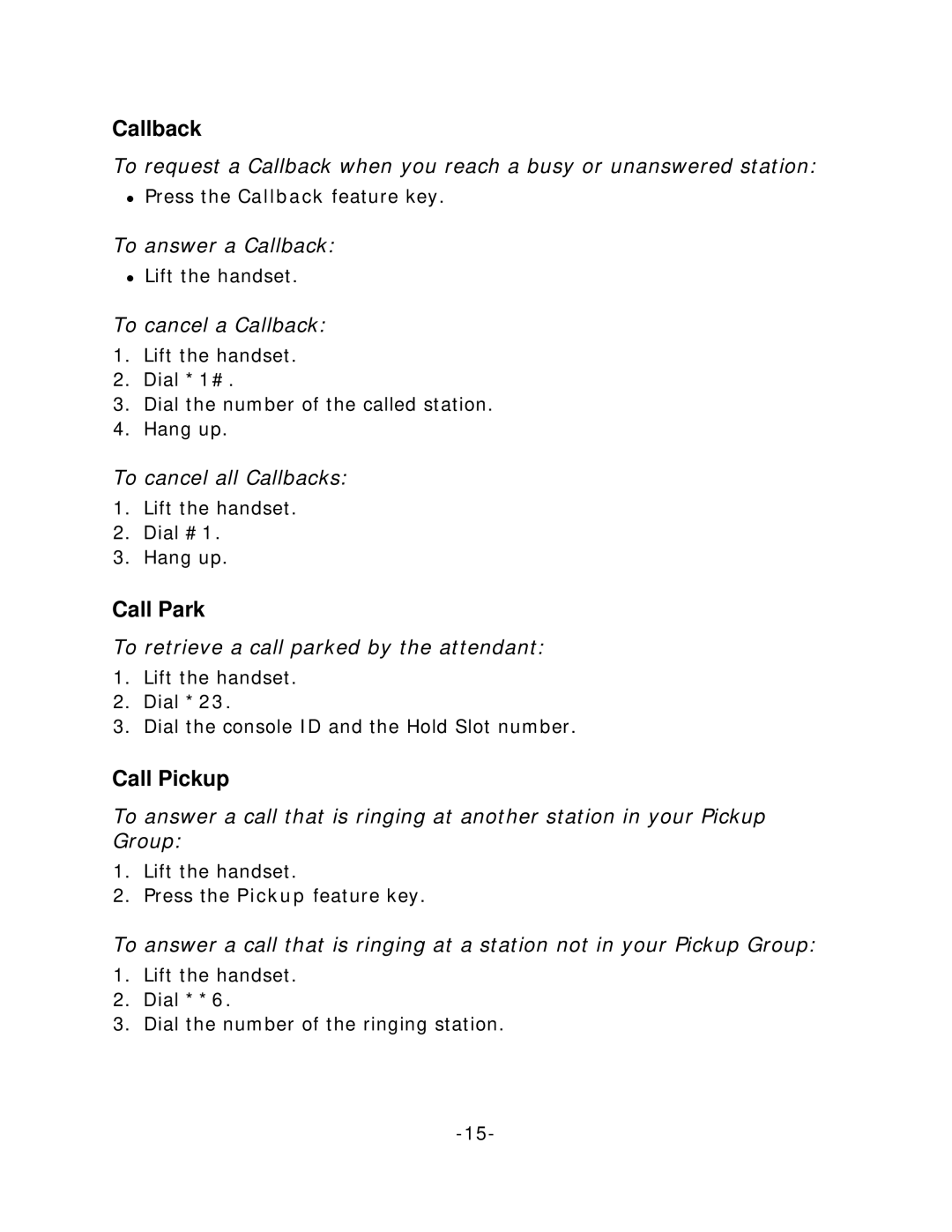 Mitel 4015 manual Callback, Call Park, Call Pickup 