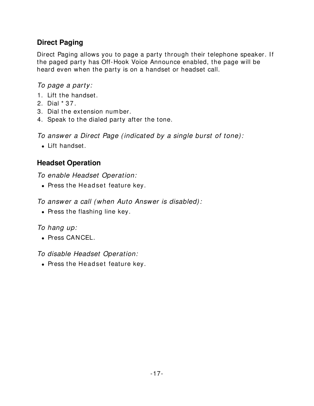 Mitel 4015 manual Direct Paging, Headset Operation 