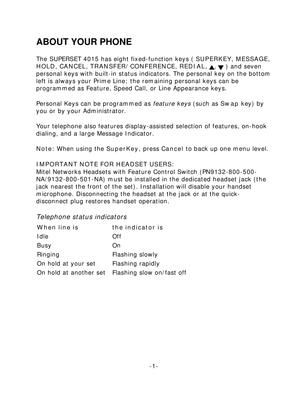 Mitel 4015 manual About Your Phone, Telephone status indicators 