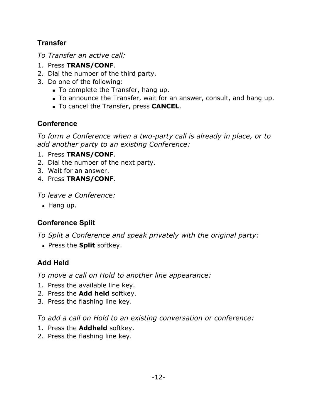 Mitel 4025 manual Transfer, Conference Split, Add Held 