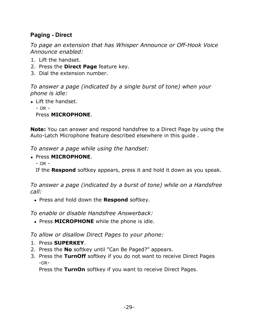 Mitel 4025 manual Paging Direct, To answer a page while using the handset, To enable or disable Handsfree Answerback 