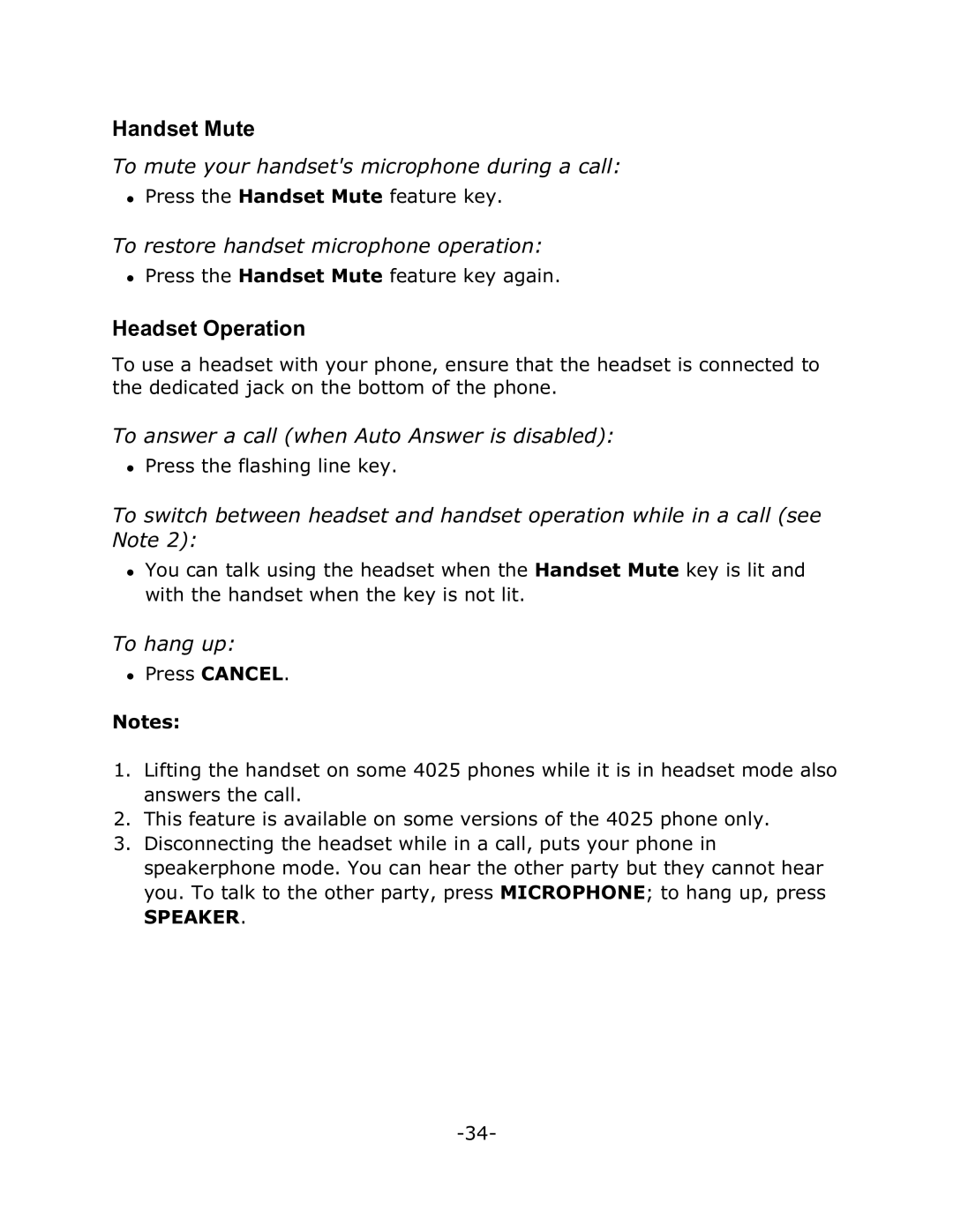 Mitel 4025 manual Handset Mute, Headset Operation 