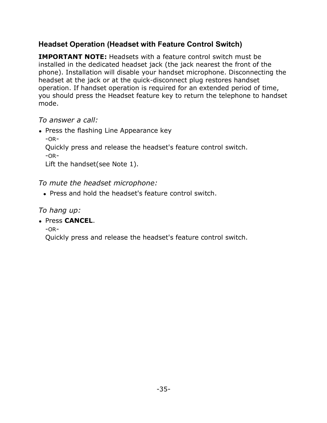 Mitel 4025 manual Headset Operation Headset with Feature Control Switch, To answer a call, To mute the headset microphone 