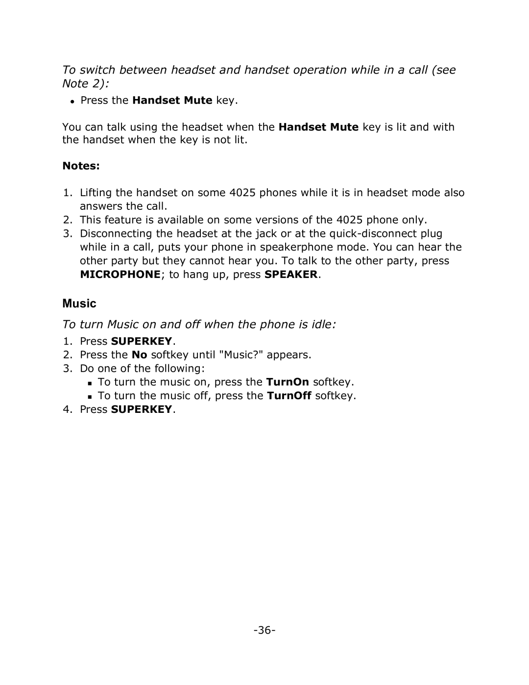 Mitel 4025 manual To turn Music on and off when the phone is idle 