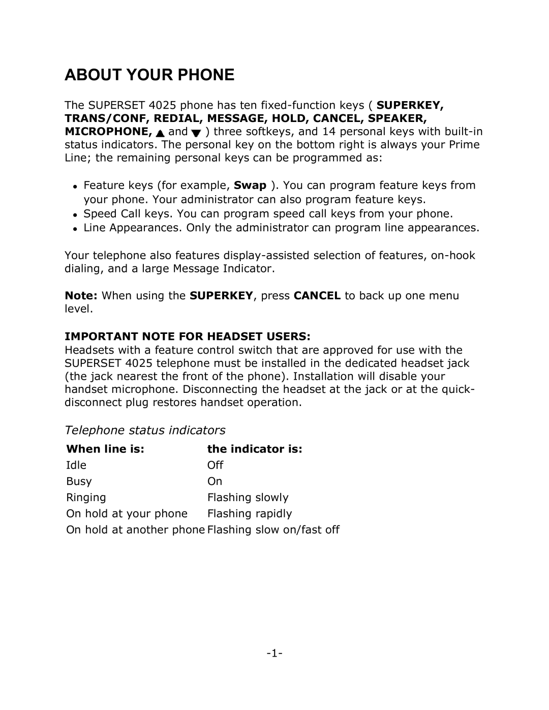 Mitel 4025 manual About Your Phone, Telephone status indicators 