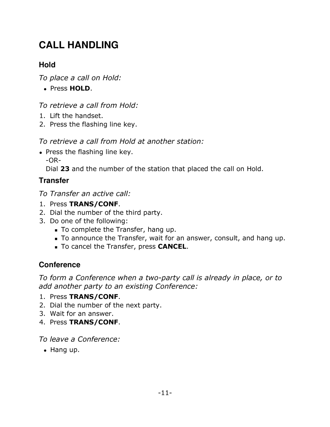 Mitel 4025 manual Call Handling, Hold, Transfer, Conference 