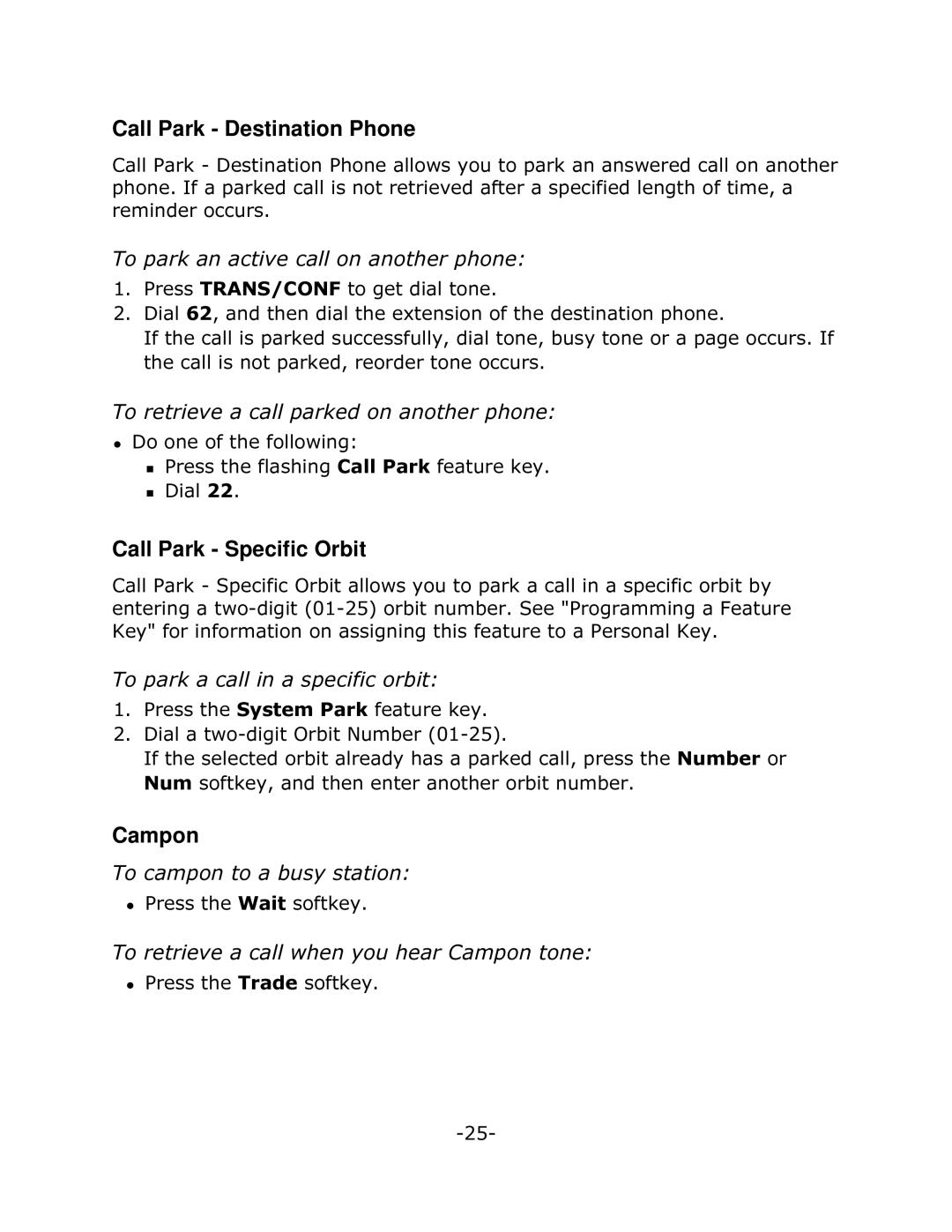 Mitel 4025 manual Call Park Destination Phone, Call Park Specific Orbit, Campon, 7RSDUNDQDFWLYHFDOORQDQRWKHUSKRQH 