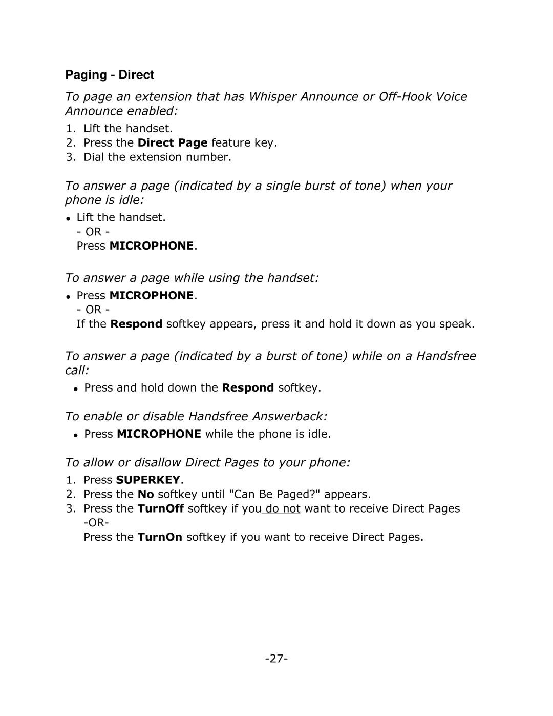 Mitel 4025 manual Paging Direct, 7RzDQVZHUDSDJHZKLOHXVLQJWKHKDQGVHW, 7RzHQDEOHRUGLVDEOH+DQGVIUHH$QVZHUEDFN 