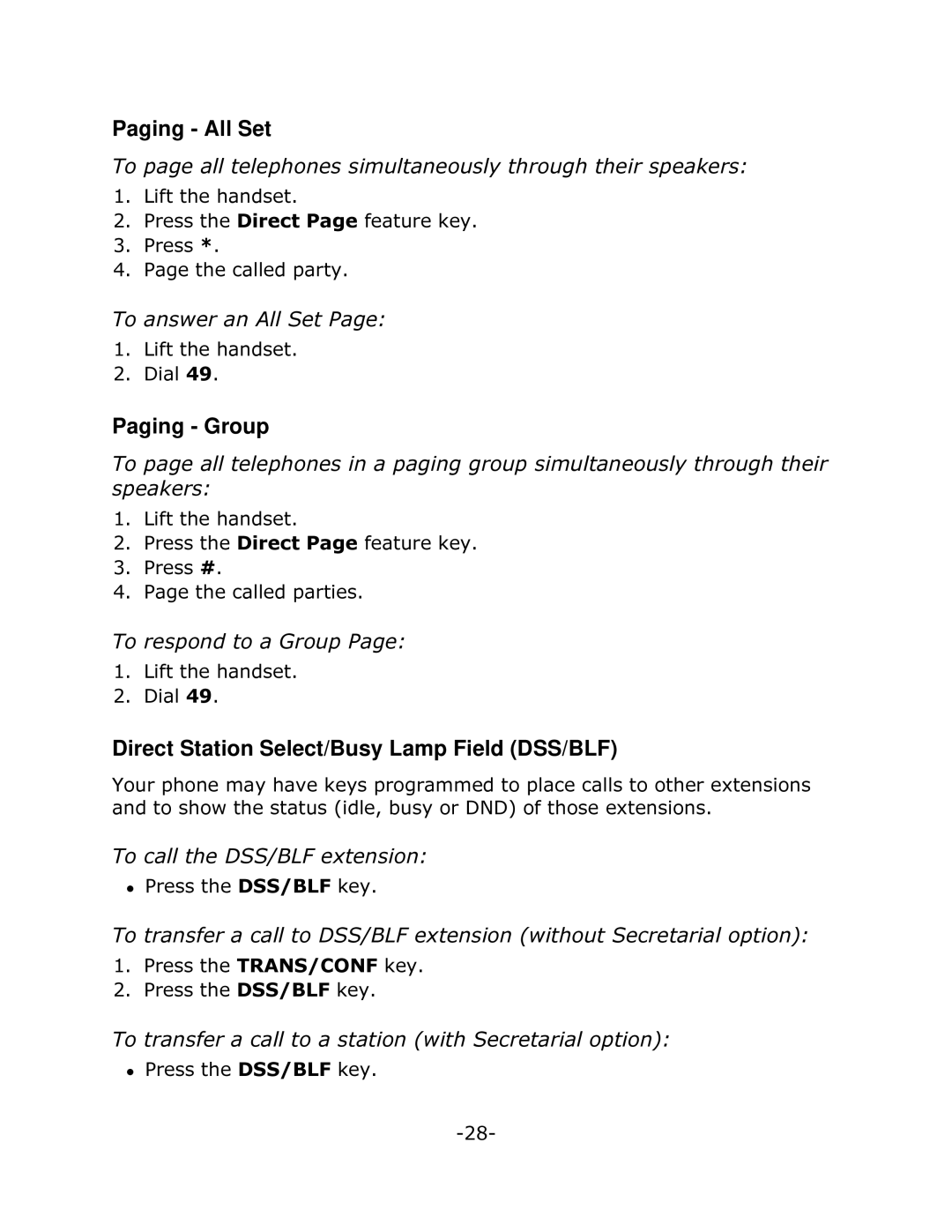 Mitel 4025 manual Paging All Set, Paging Group, Direct Station Select/Busy Lamp Field DSS/BLF, 7RDQVZHUDQ$OO6HW3DJH 