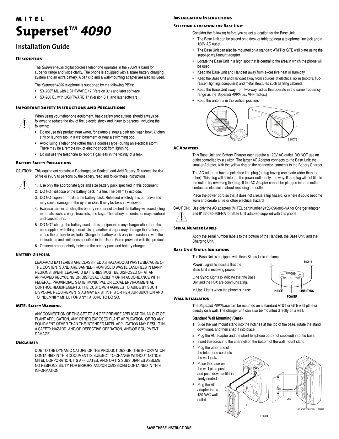 Mitel 4090 important safety instructions Éytá, Pr p, Standard Wall Mounting Base 