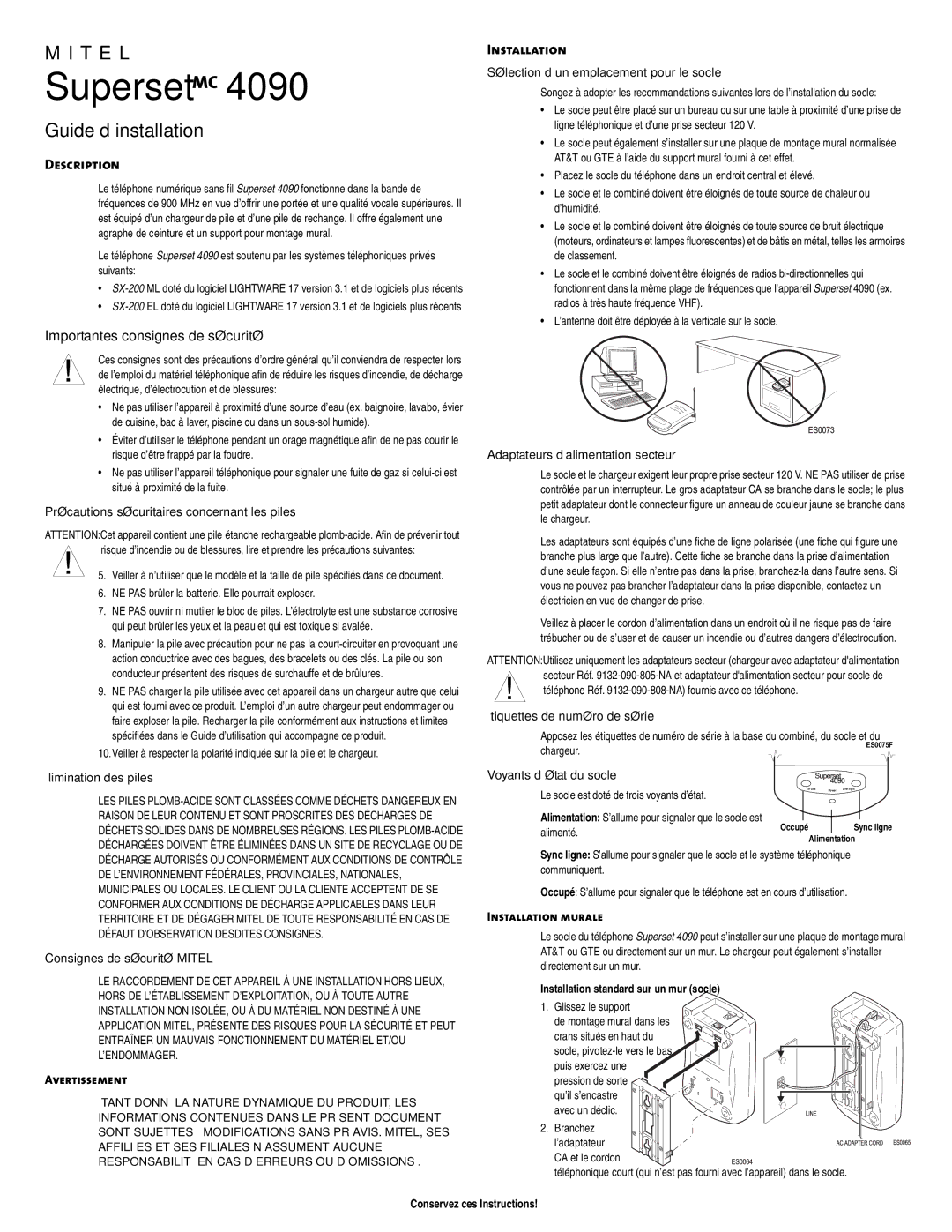 Mitel 4090 important safety instructions Guide d’installation, Importantes consignes de sécurité 